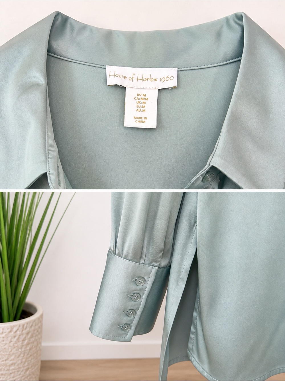 House of Harlow 1960 Sage Green Satin Button-Down Blouse - Picture 3 of 3